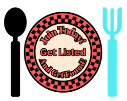 Logo with spoon and fork framing a red checkered circle reading “Join Today, Get Listed And Get Found”