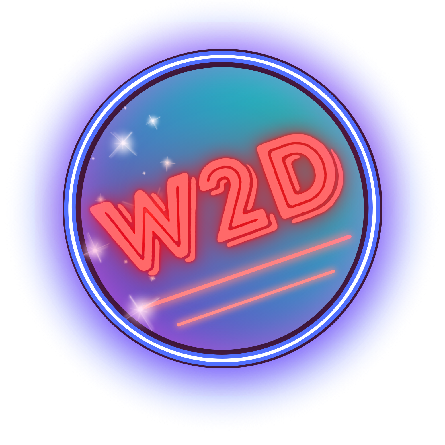 Neon-style circular W2D logo in pink and blue with glowing outline and star accents