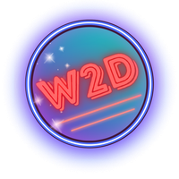Neon-style circular W2D logo in pink and blue with glowing outline and star accents