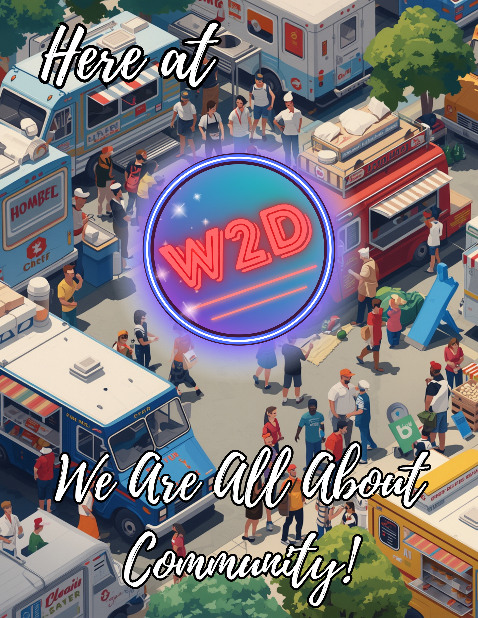 Crowded street scene with a neon W20 sign and the text, “We Are All About Community.”