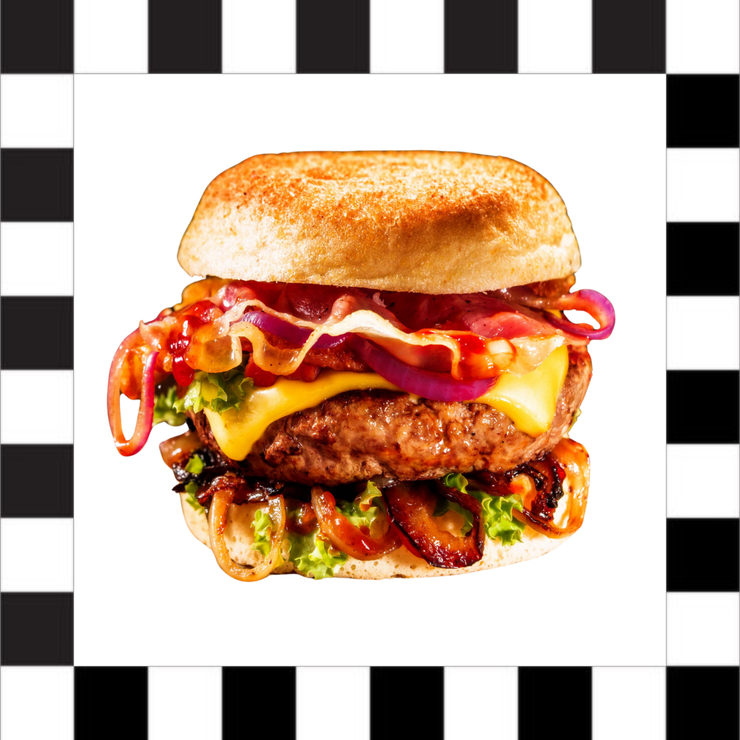 Stacked cheeseburger with bacon, melted cheese, lettuce, and tomato on a white background