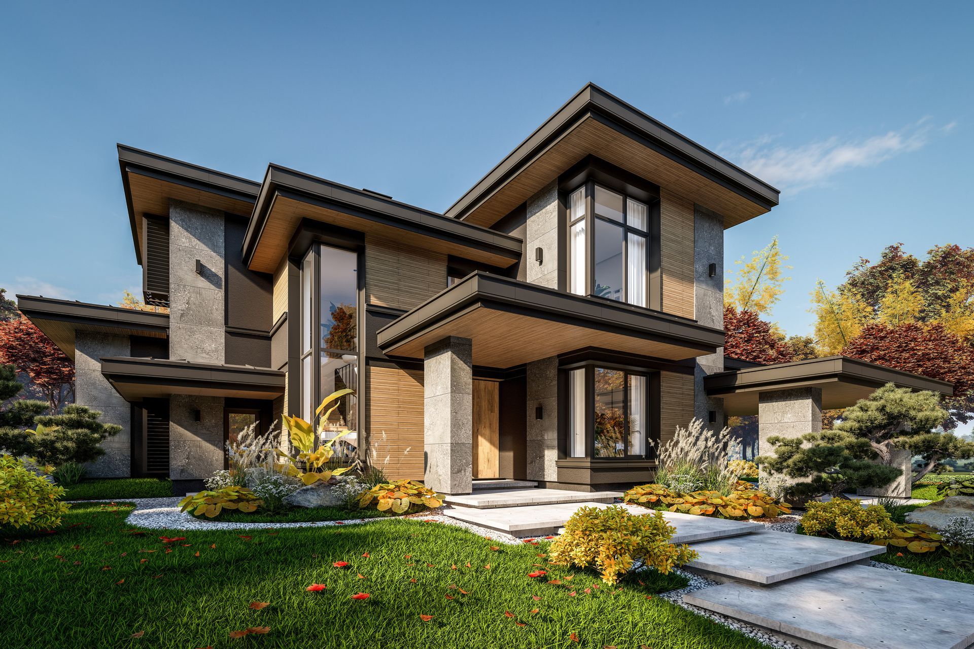 Modern multi-story house with stone and wood exterior, landscaping, and clear blue sky.