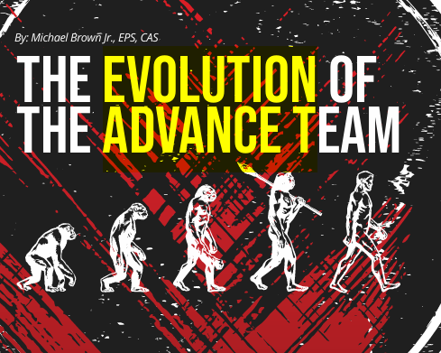 Evolution of the advance team text with white evolution silhouettes on red and black background