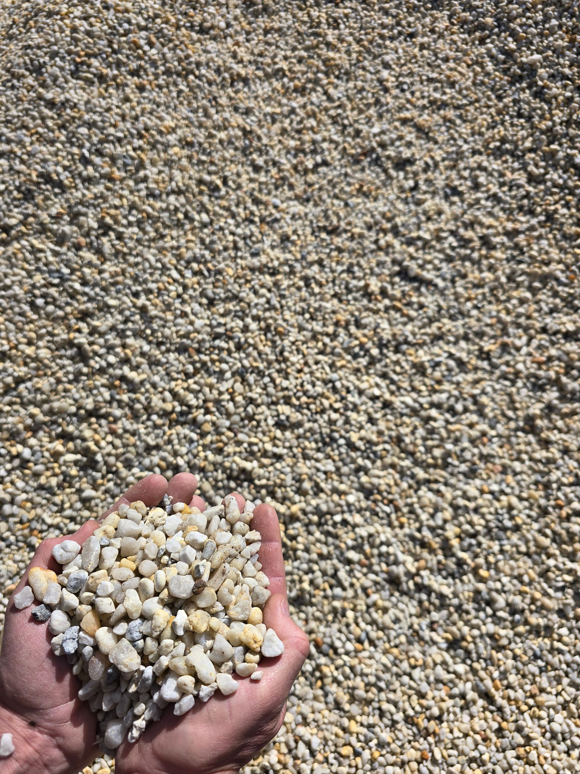 Hand Holding a Pile of Small, Light-coloured Pebbles — BVN Landscape and Concrete Supplies in St Georges Basin, NSW