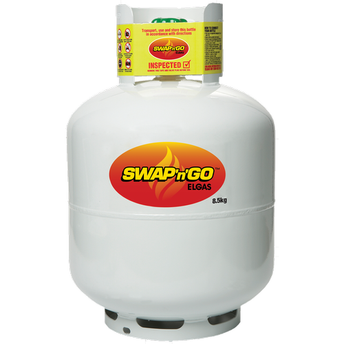 White Swap'n'Go LPG Gas Cylinder With Red and Yellow Oval Logo — BVN Landscape and Concrete Supplies in St Georges Basin, NSW