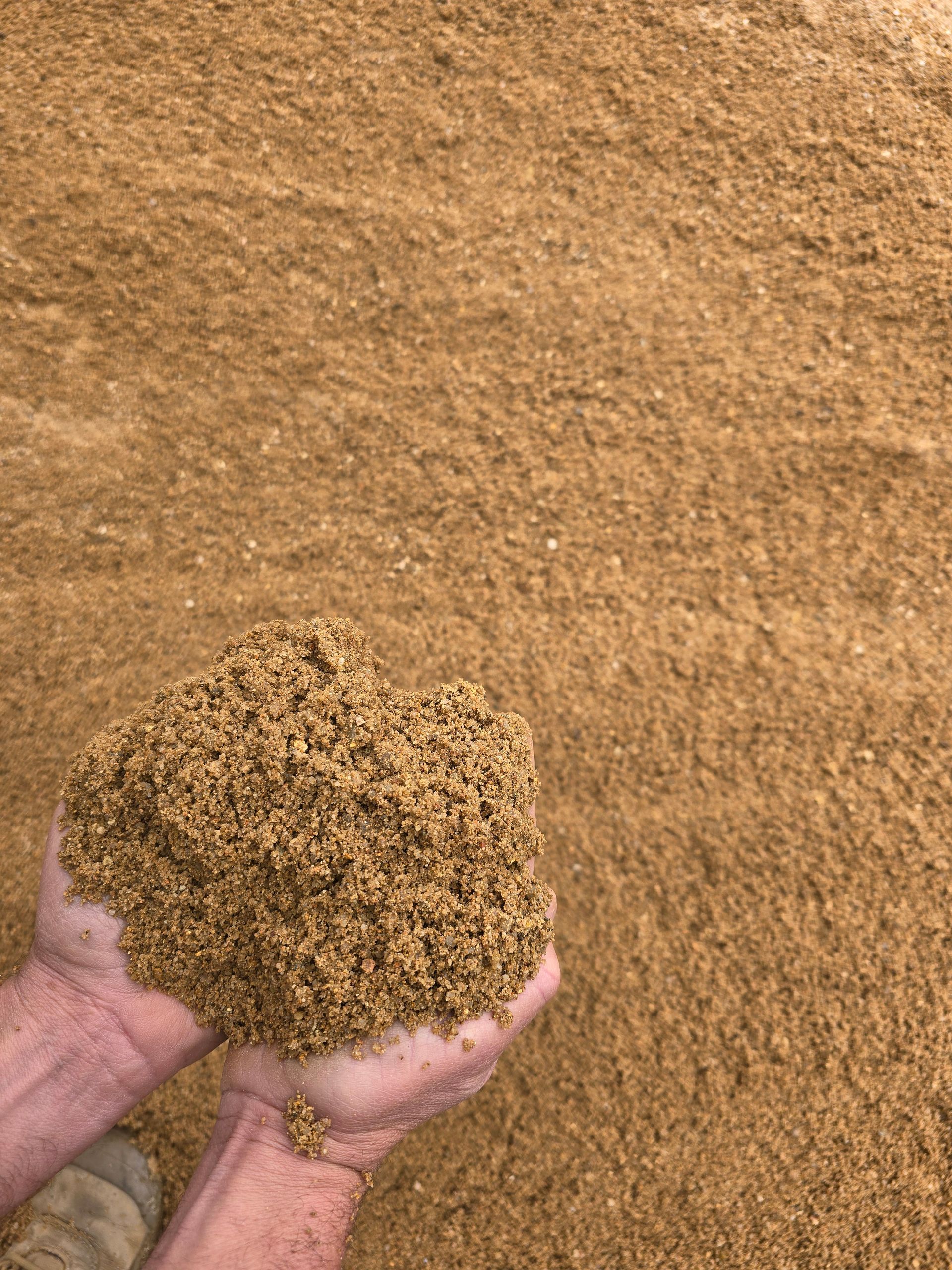 Hands Holding a Large Pile of Coarse, Light Brown Sand — BVN Landscape and Concrete Supplies in Berry, NSW