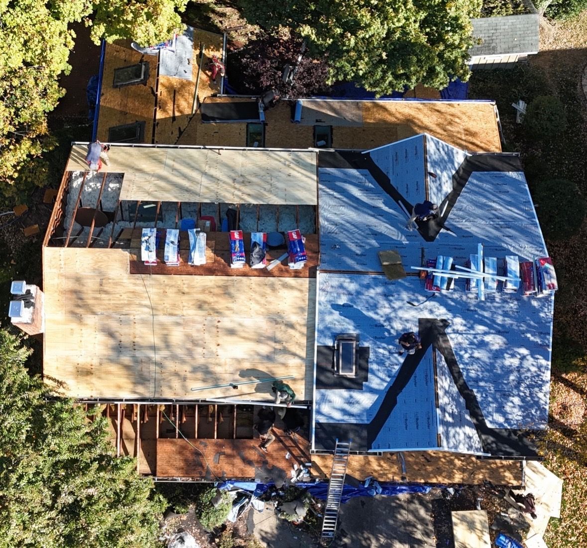 An aerial view of a house under construction
