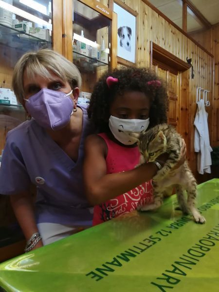 Una bambina che indossa una maschera tiene in braccio un gatto accanto a una donna che indossa una maschera