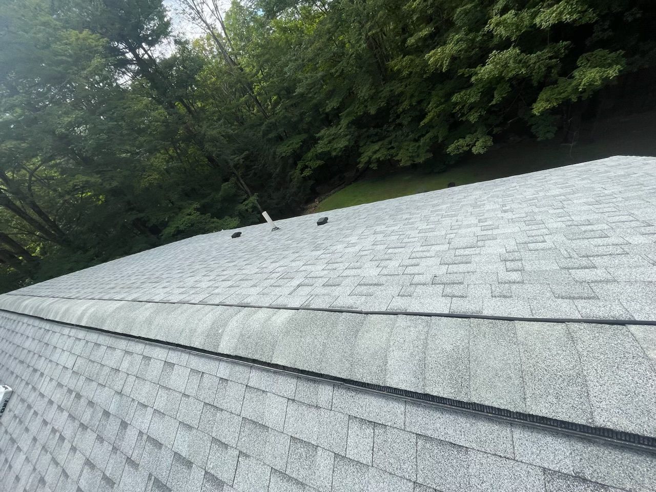 Gray shingled roof with a central ridge, viewed from above, with trees in the background