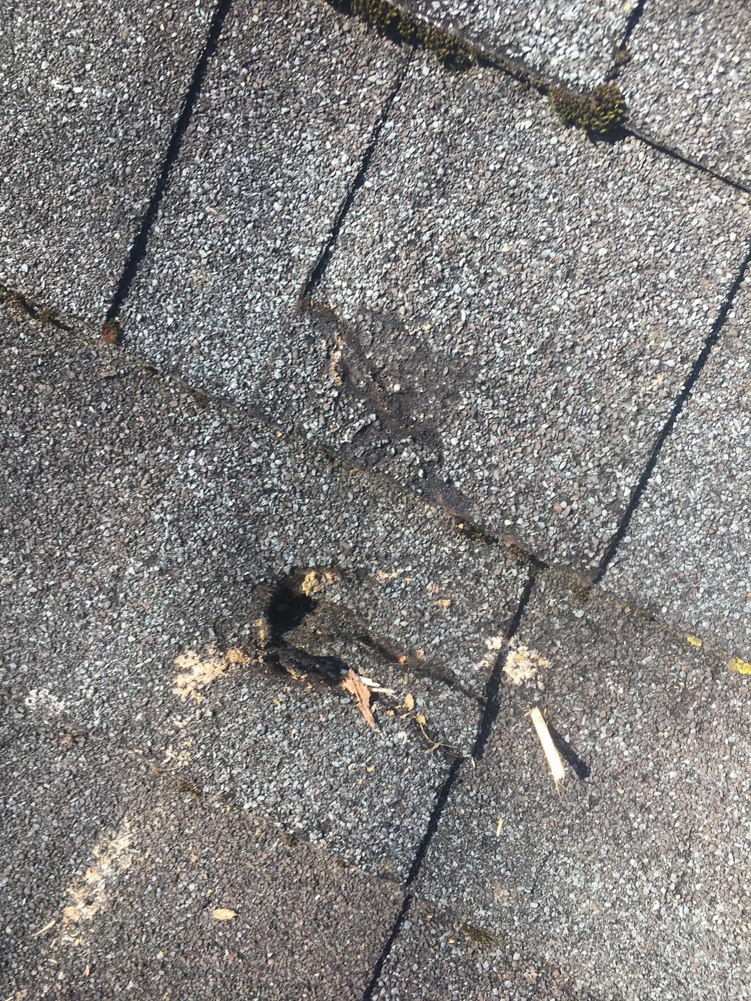 Damaged shingle roof with a dark hole and scattered debris on gray asphalt shingles
