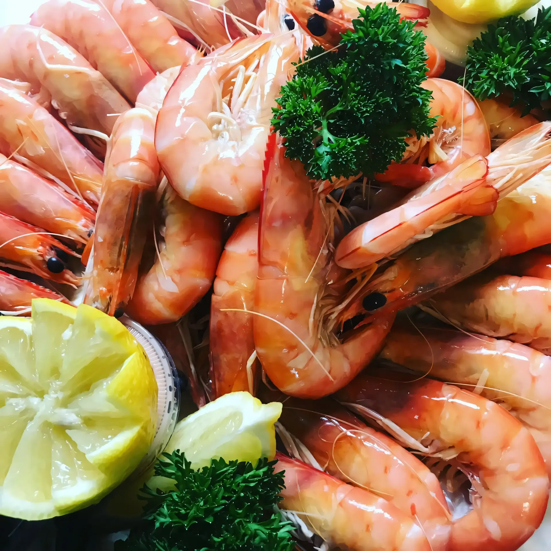 A plate of shrimp with lemon slices and parsley — Noosaville Fish Market In Tewantin, QLD