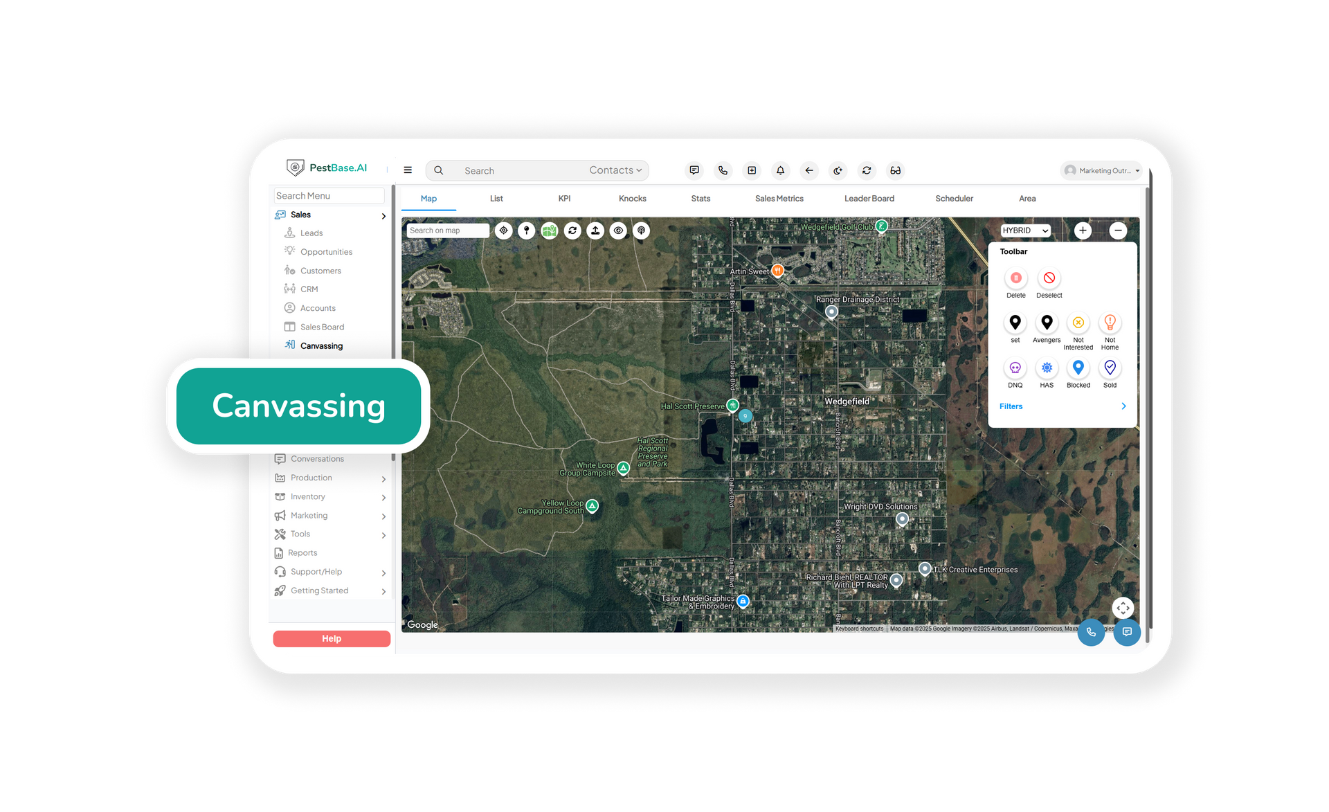 Satellite map interface on a laptop screen with a teal “Canvassing” label overlay