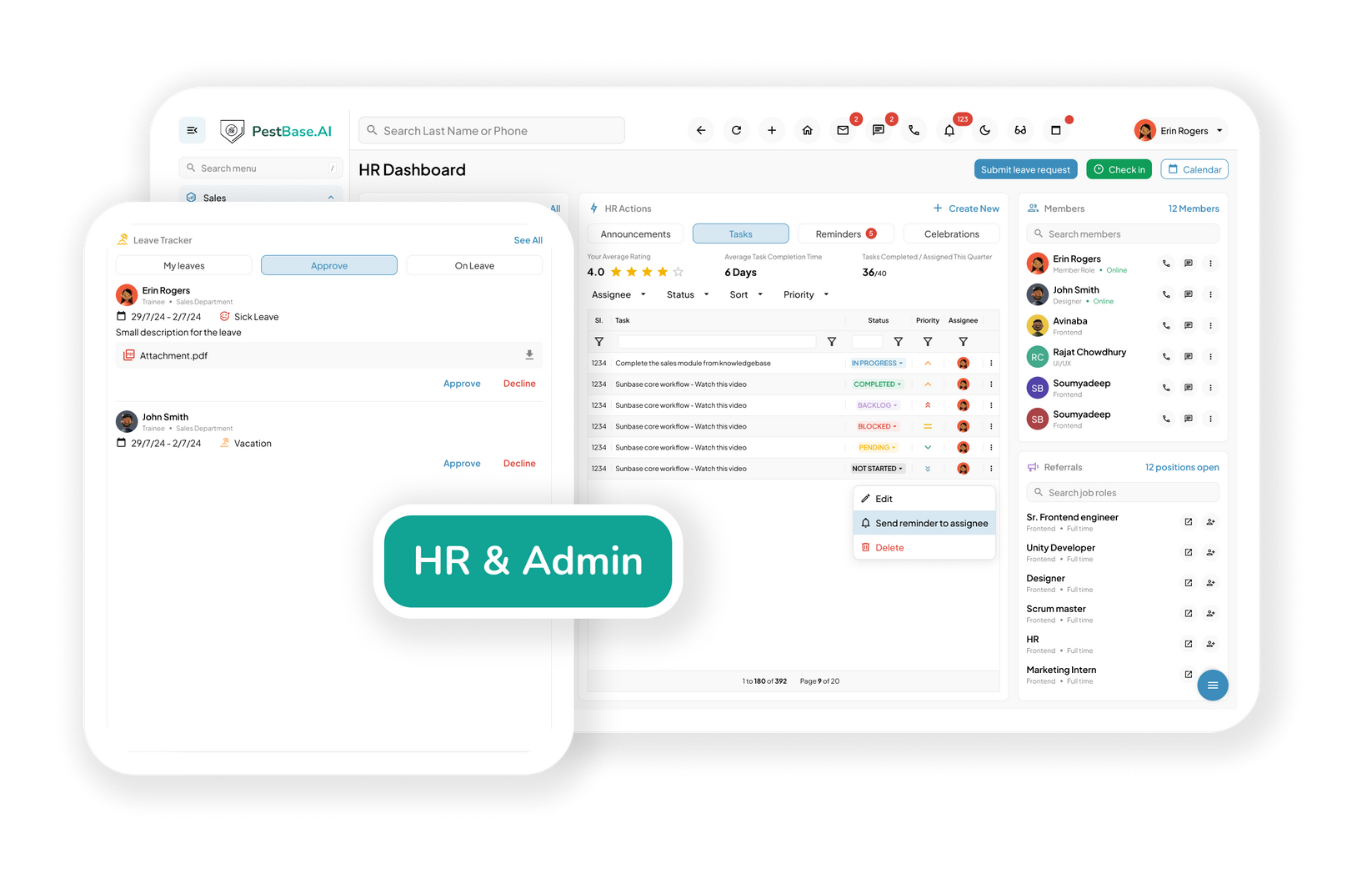 HR and Admin dashboard interface on a desktop app with task lists, charts, and user avatars