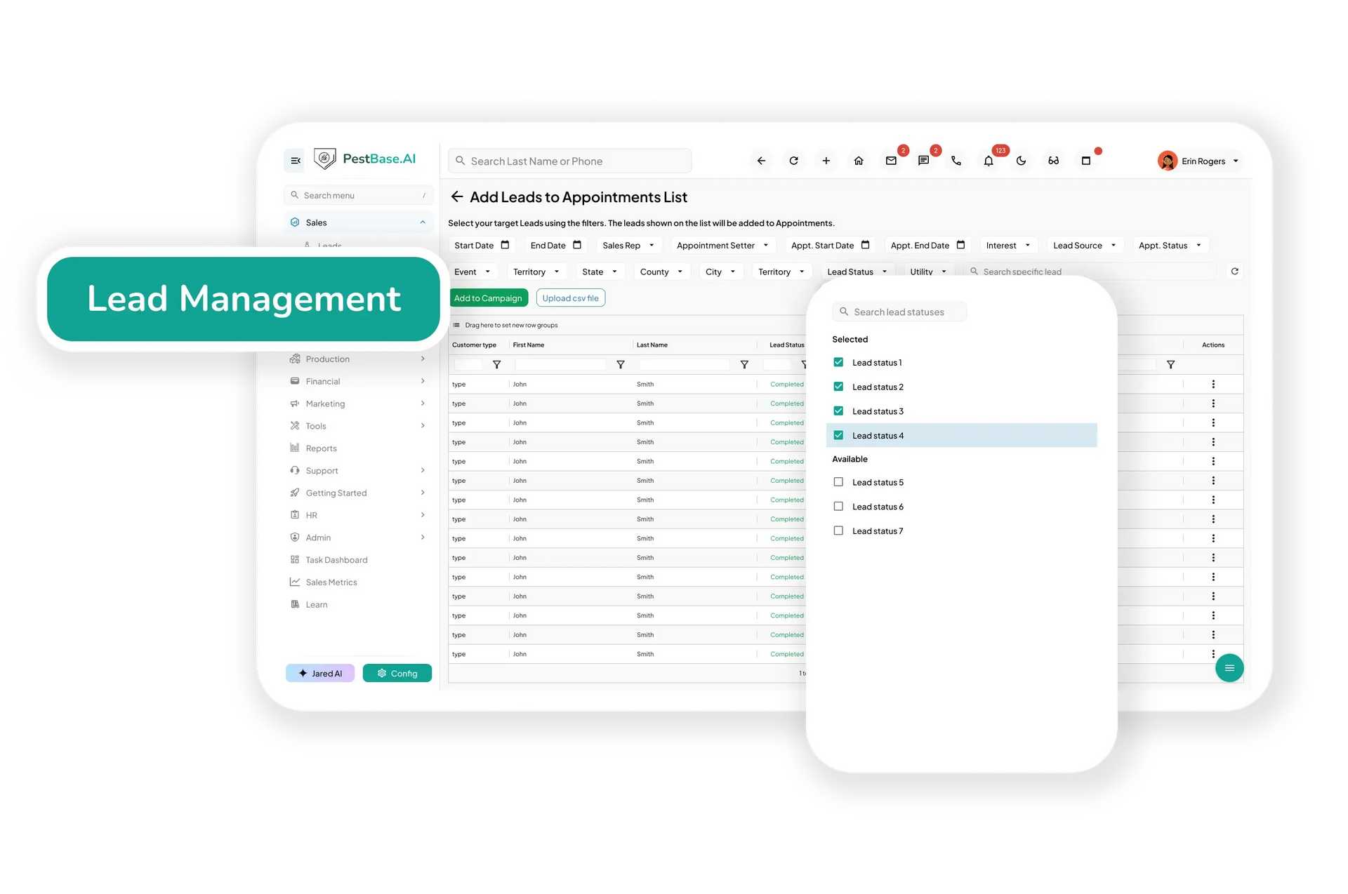 Lead management dashboard with a green label and a contact list dropdown menu open on the right.