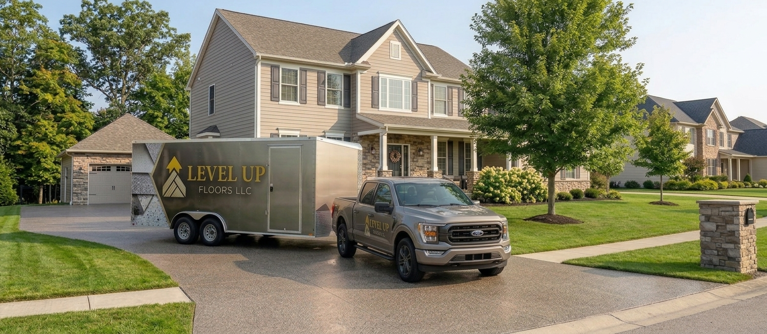 Gray pickup truck towing a moving trailer in front of a suburban house on a wet driveway