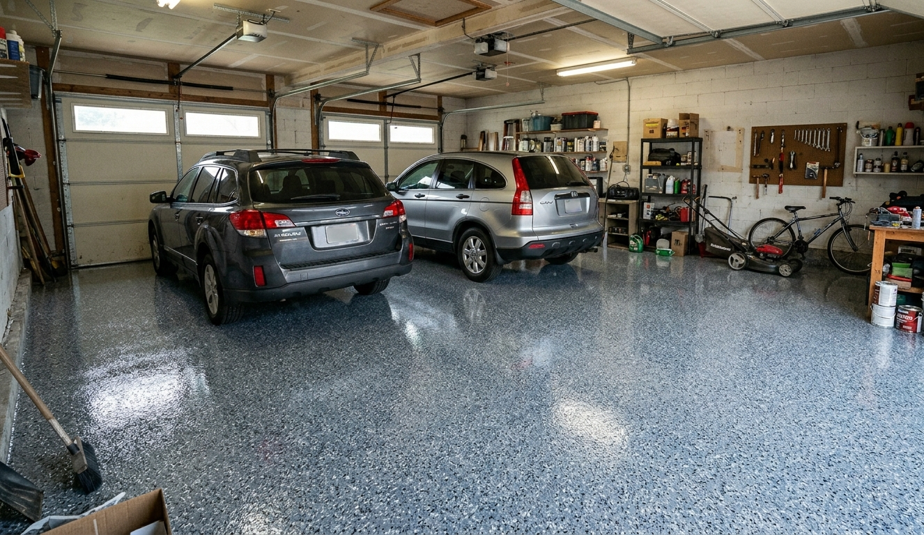 Two cars parked in a cluttered garage with a speckled epoxy floor