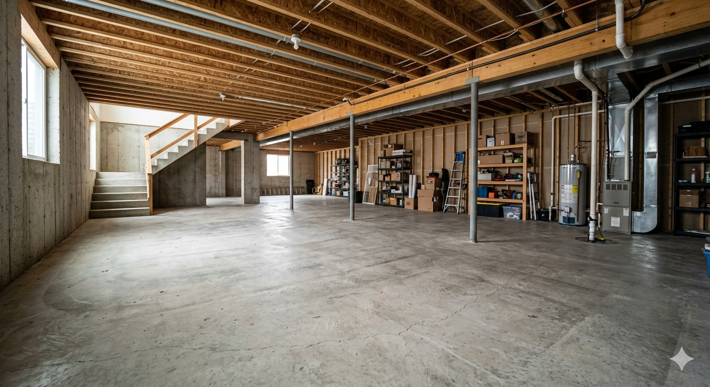 Empty unfinished basement with exposed wood beams, concrete floor, and storage shelves along the wall