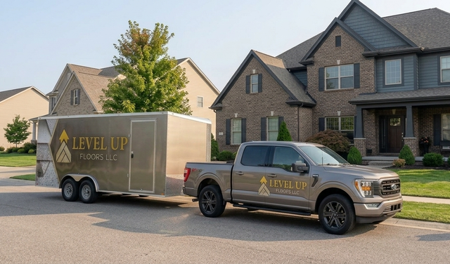 Branded pickup truck towing a matching enclosed trailer parked in a suburban neighborhood driveway