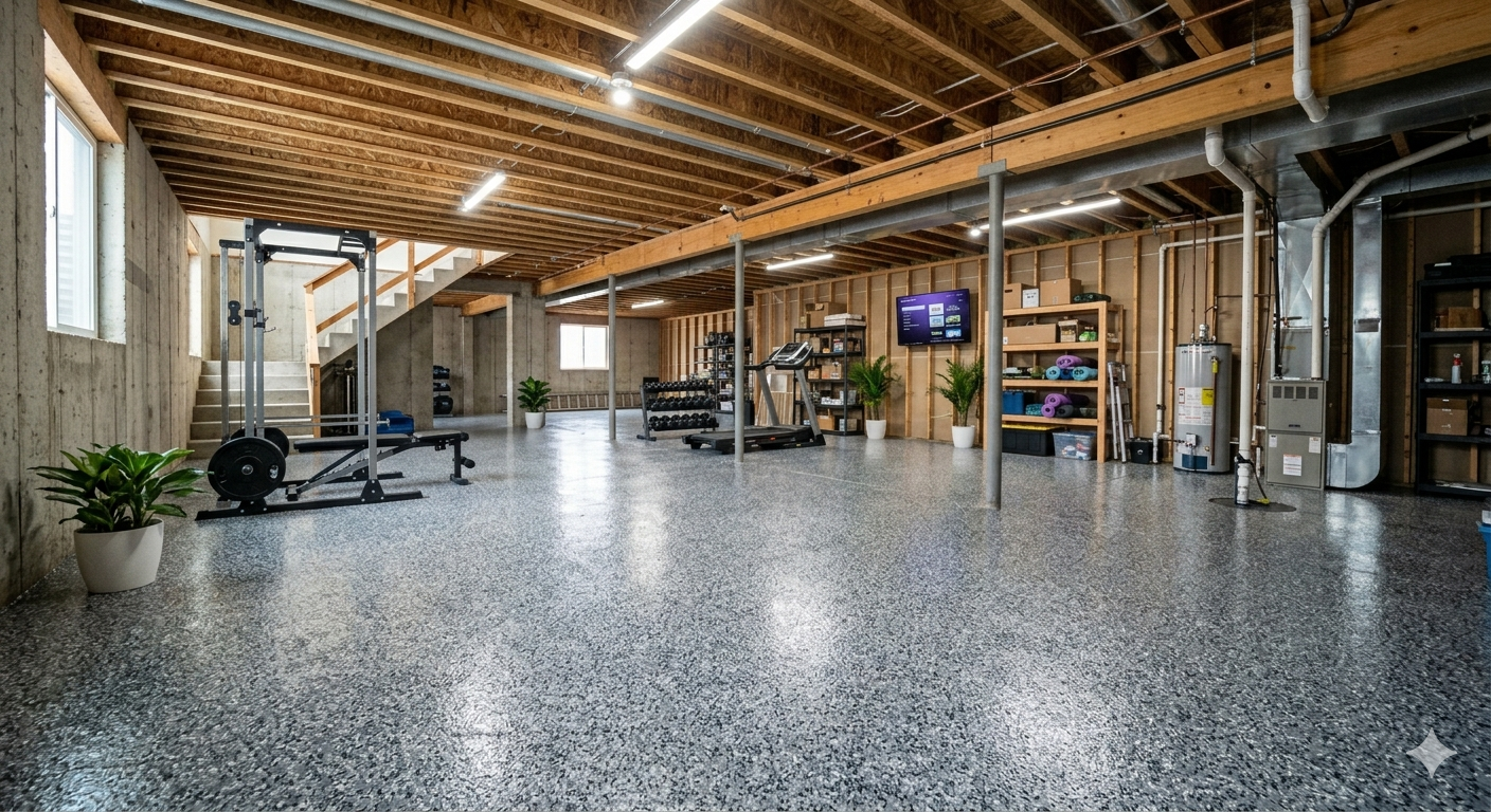 Spacious unfinished basement gym with exercise equipment, wood beams, and speckled concrete floor