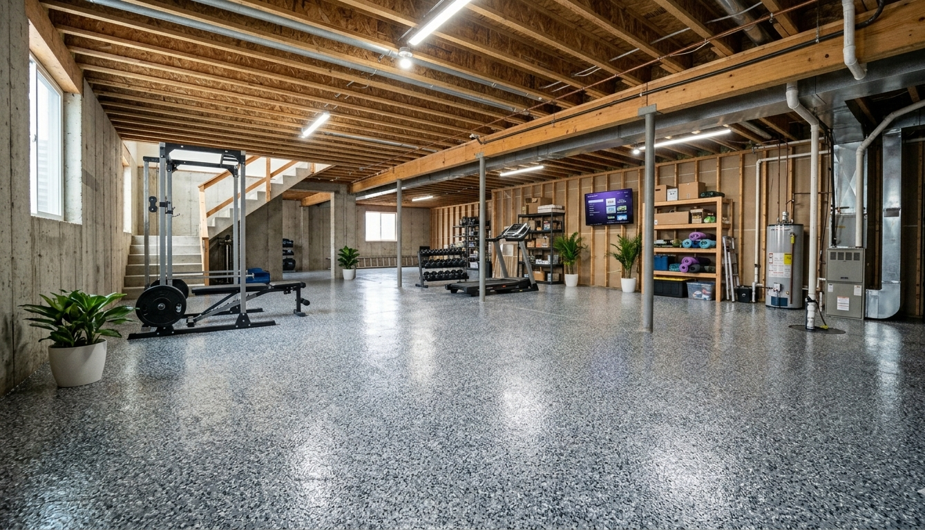 Spacious gym with speckled floor, exposed wood beams, and exercise equipment along the walls.