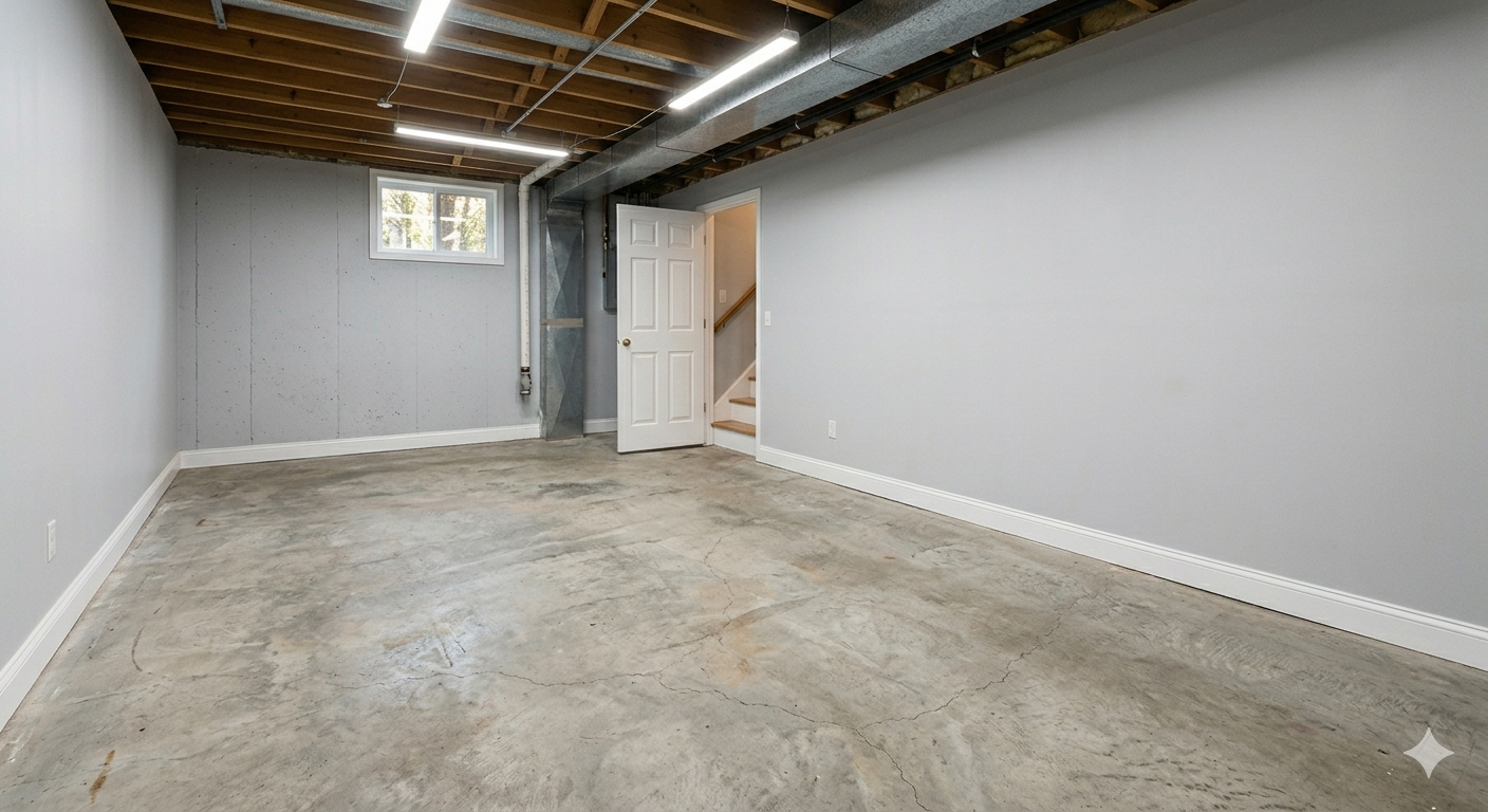 Empty unfinished basement with concrete floor, gray walls, exposed ceiling joists, and a small window.