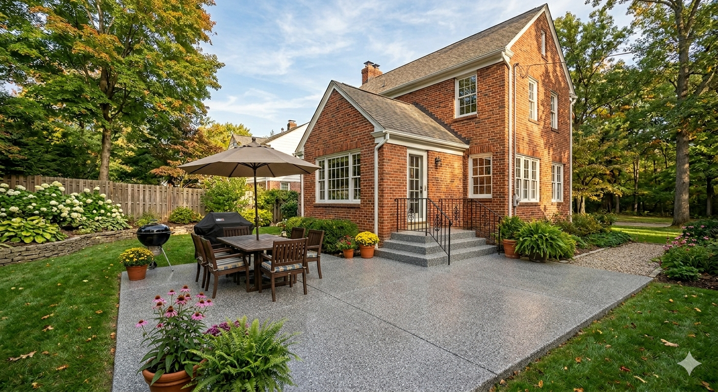 Brick house patio with outdoor table, umbrella, potted plants, and garden path surrounded by trees