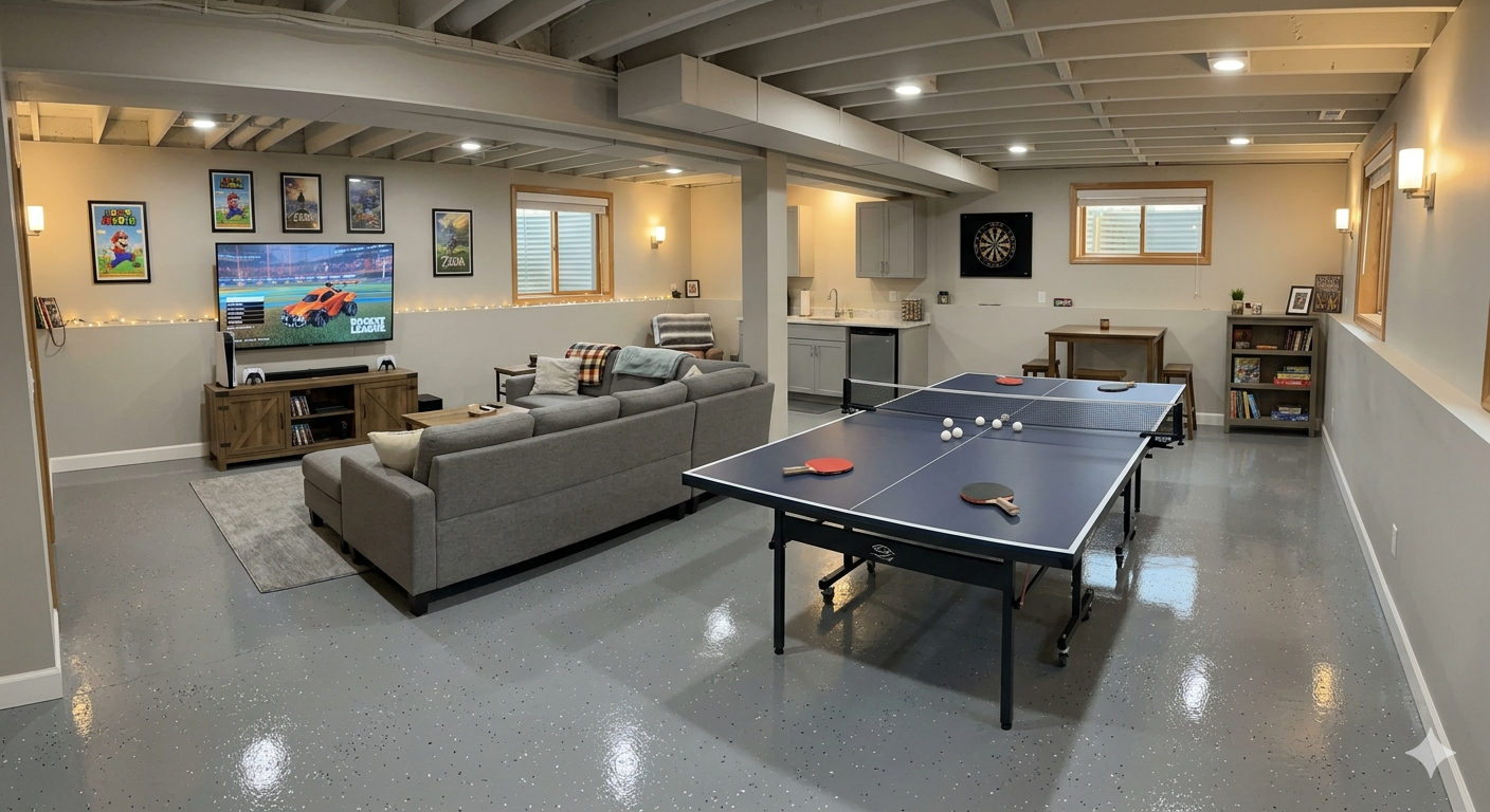 Spacious basement recreation room with ping-pong table, gray sectional sofa, wall art, and TV