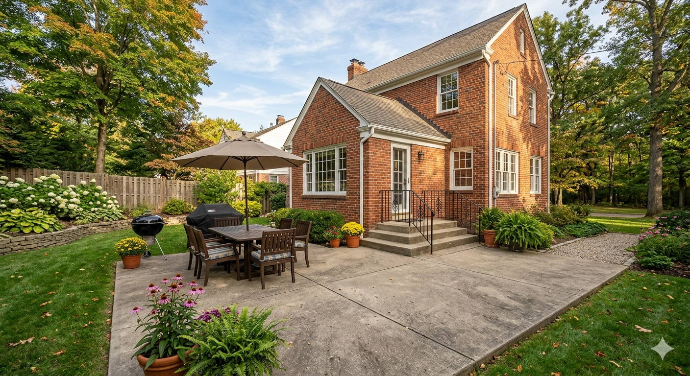 Brick house with patio, outdoor dining set, and umbrella in a landscaped backyard