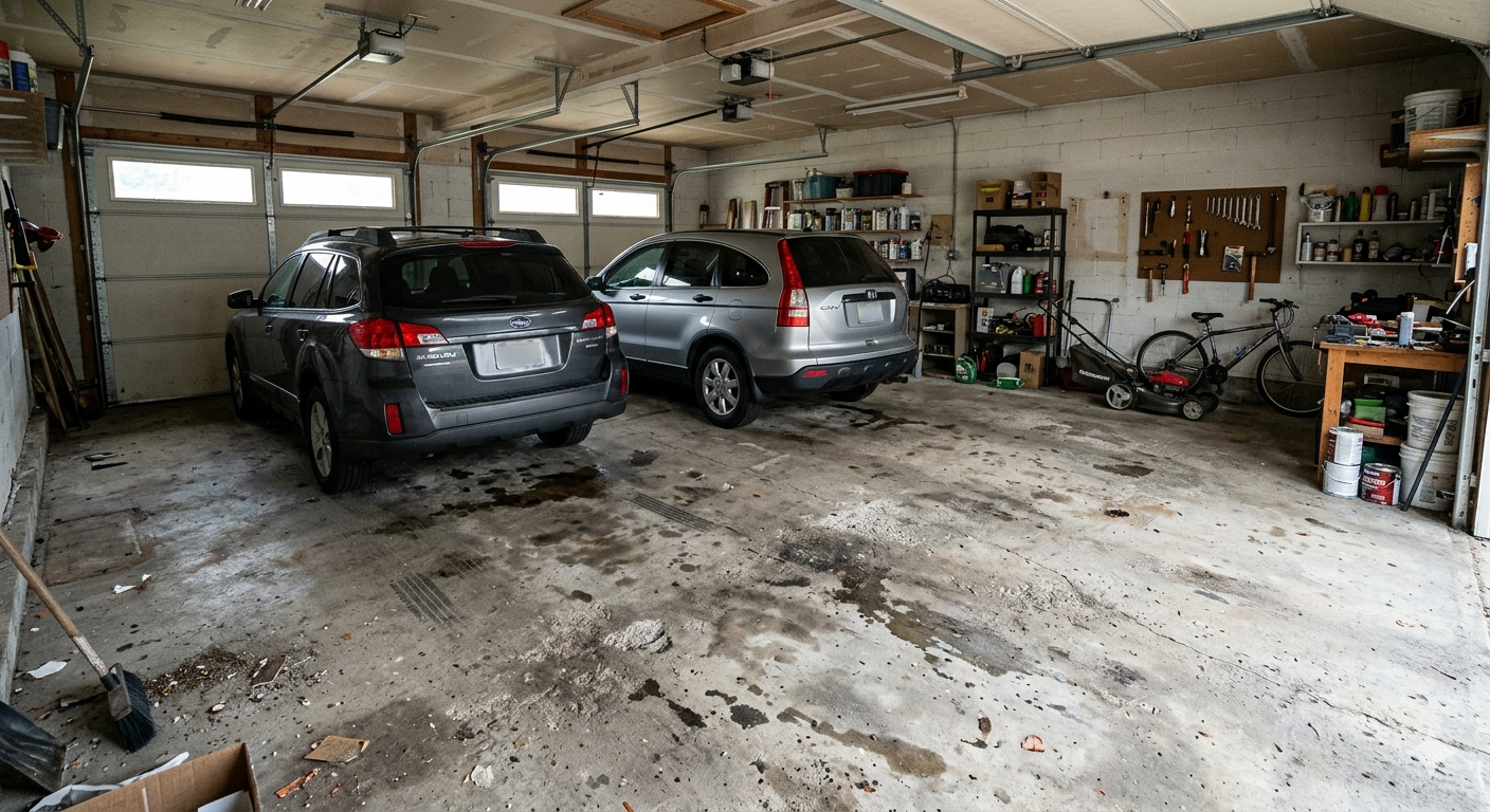 Two cars parked in a cluttered garage with tools and bikes along the walls.