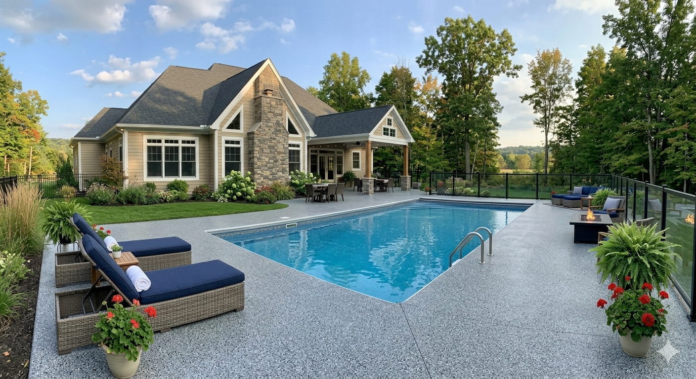 Luxury home with a blue swimming pool, stone patio, and lounge chairs surrounded by greenery