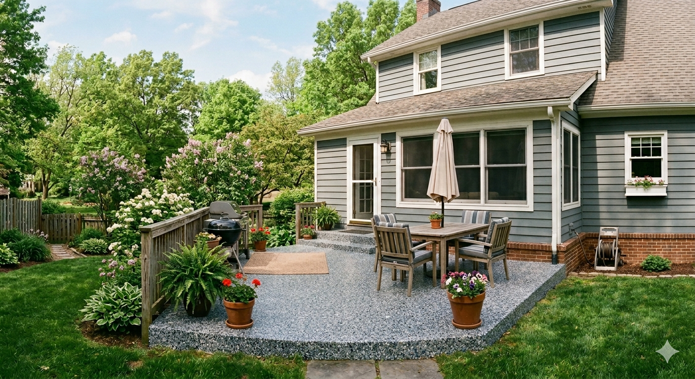 Backyard patio with outdoor dining table, potted plants, and a white house surrounded by trees.