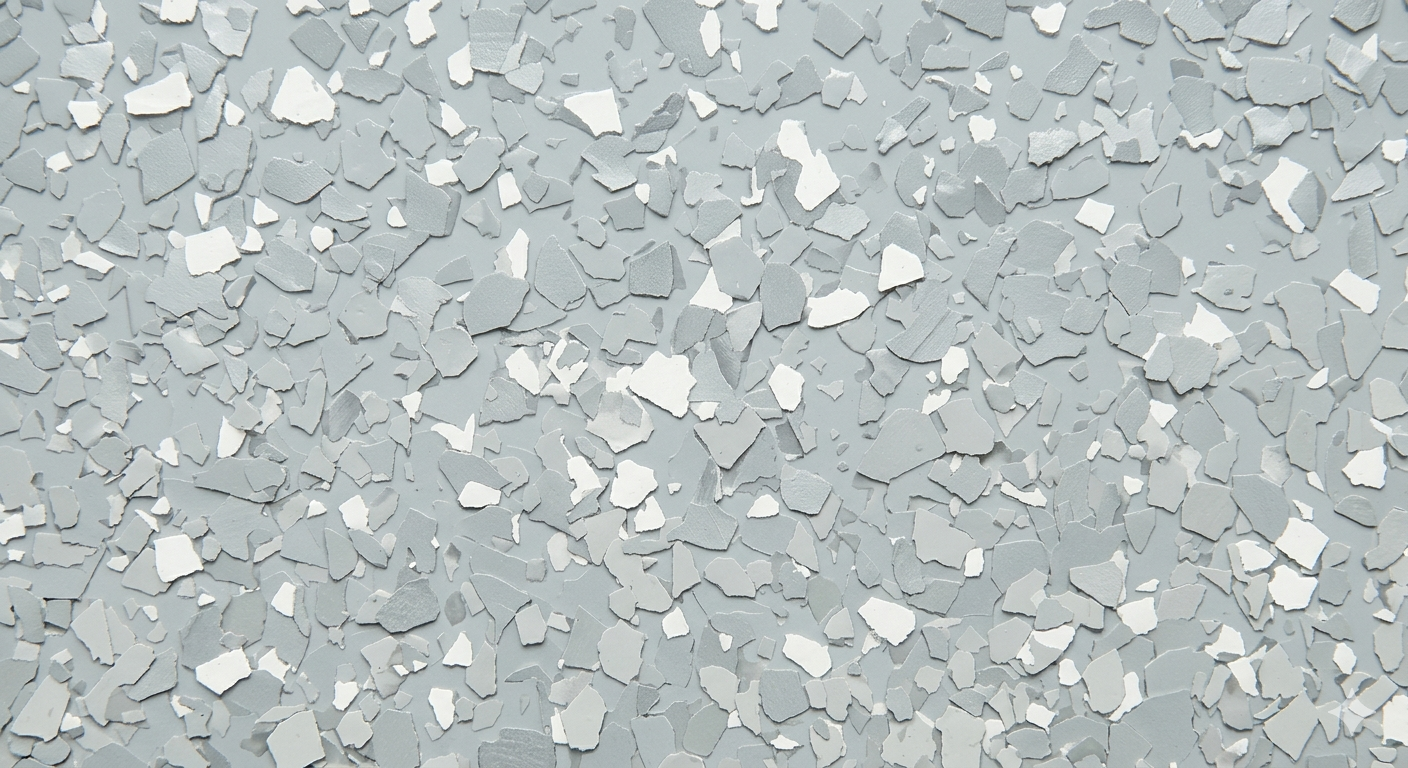 Close-up of light gray cracked paint with scattered white flakes on a textured surface