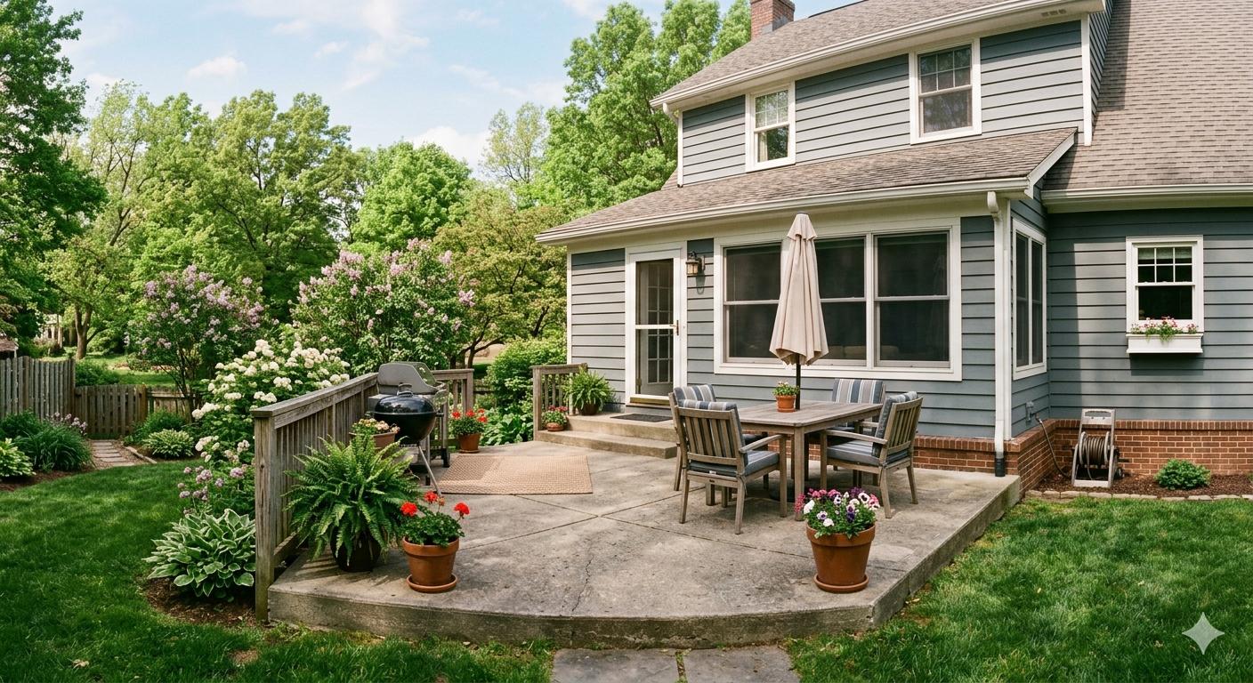 Patio with table, chairs, umbrella, and potted plants beside a gray house with a backyard lawn