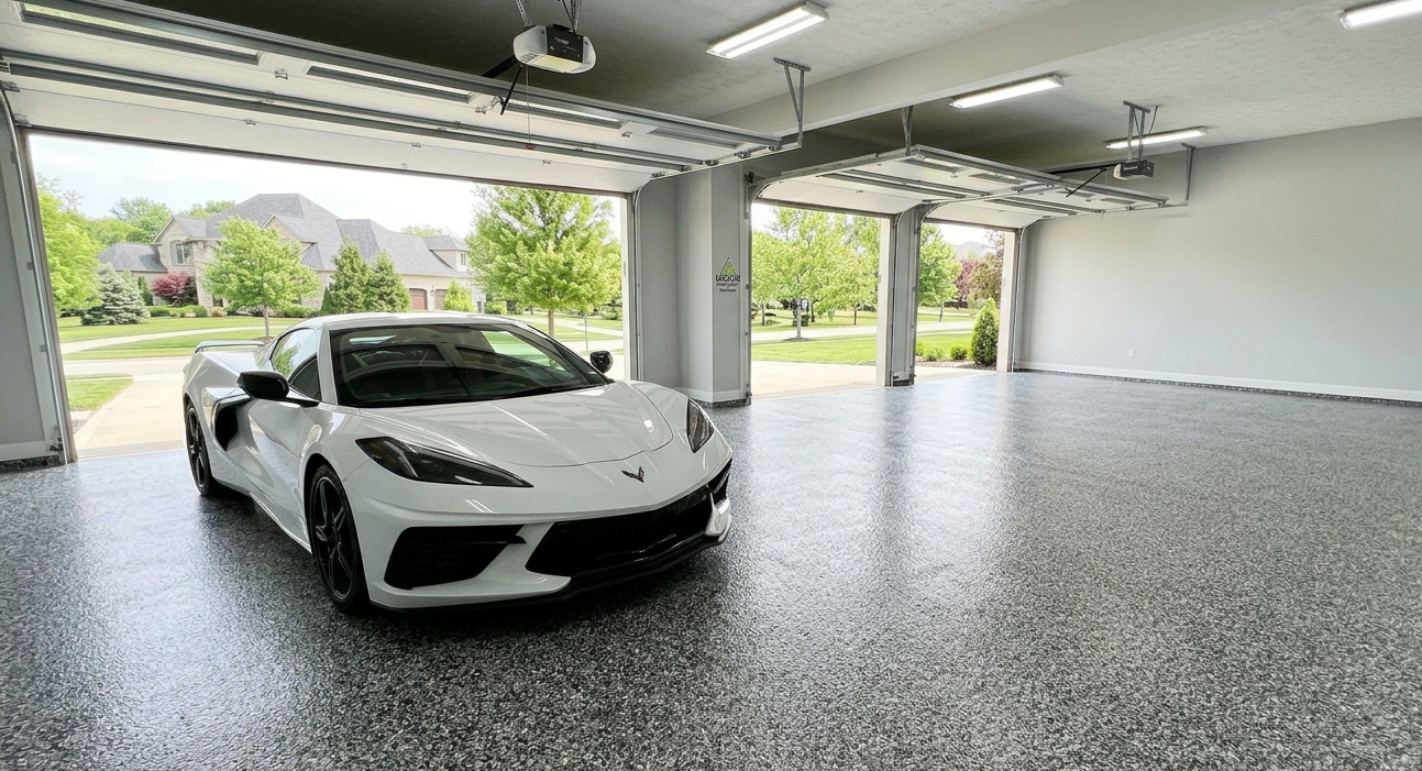 White sports car parked in a bright open garage with a glossy speckled floor