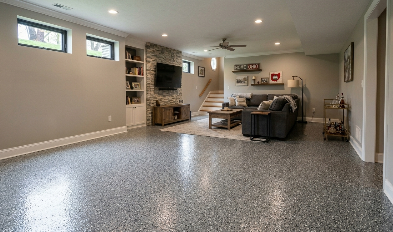 Spacious finished basement with speckled floor, sectional sofa, stairs, and recessed lighting
