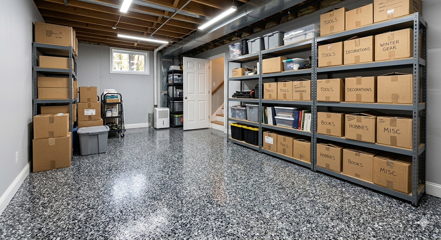 Storage room with metal shelving, stacked cardboard boxes, and a speckled concrete floor under exposed ceiling beams