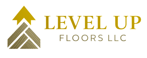 Level Up Floors LLC logo with gold arrow and wood floor graphic on white background