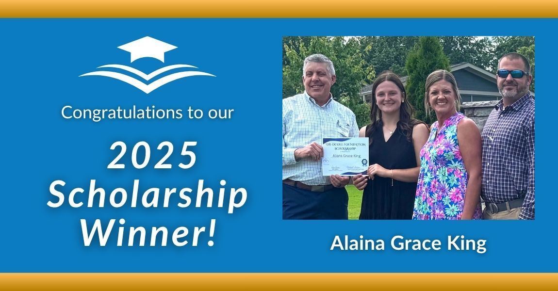Blue scholarship banner honoring 2025 winner Alaina Grace King with group photo and “Congratulations” text