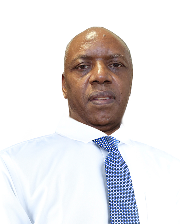 A bald man wearing a white shirt and blue tie