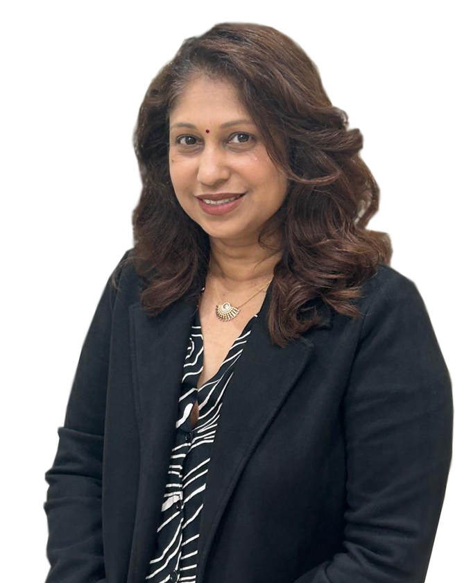 A woman wearing a black jacket and a zebra print shirt