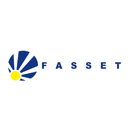 A blue and yellow logo for fasset with a sun in the middle