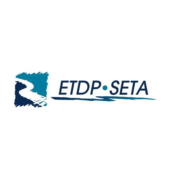 A blue and white logo for etdp seta on a white background.