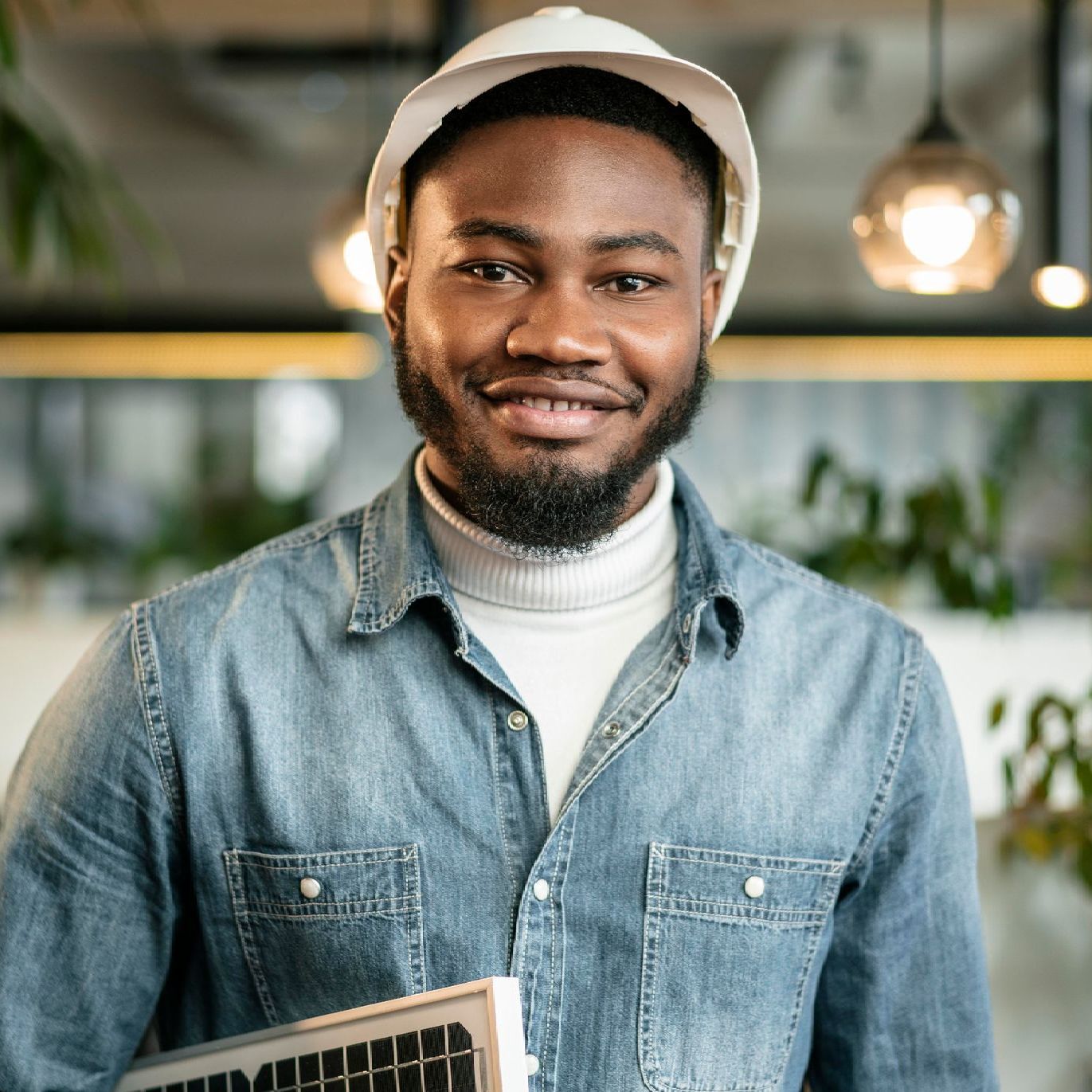 A man wearing a hard hat and a denim shirt is holding a solar panel.