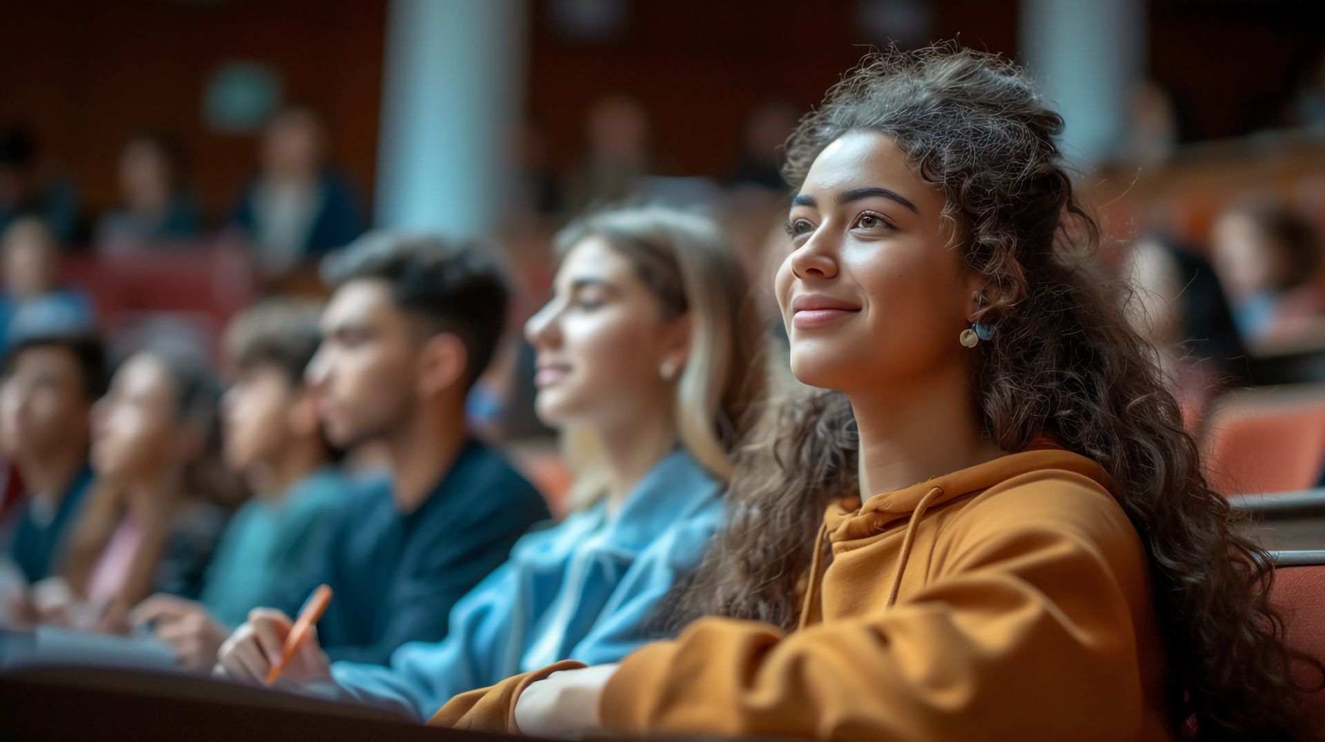 A group of students are sitting in a lecture hall.