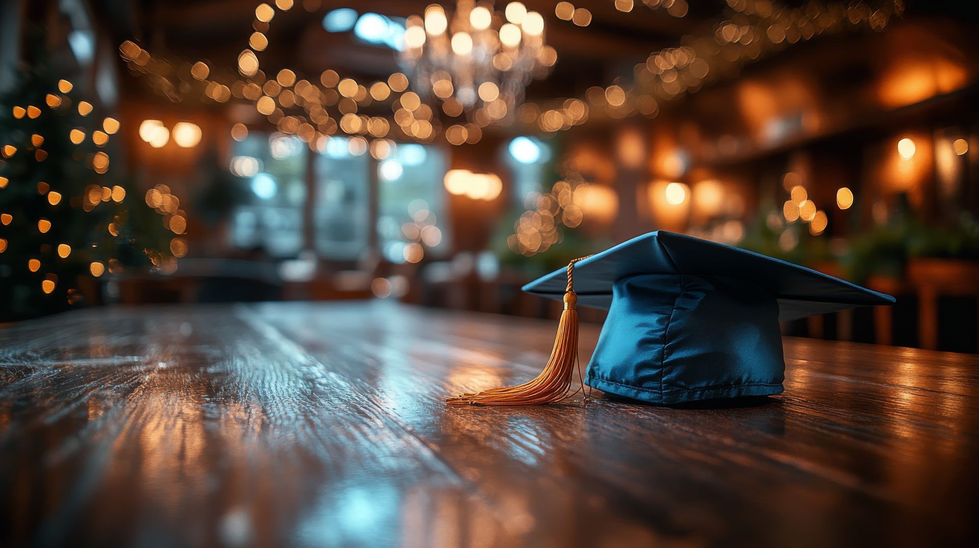 A graduation cap and gown are sitting on a wooden table.