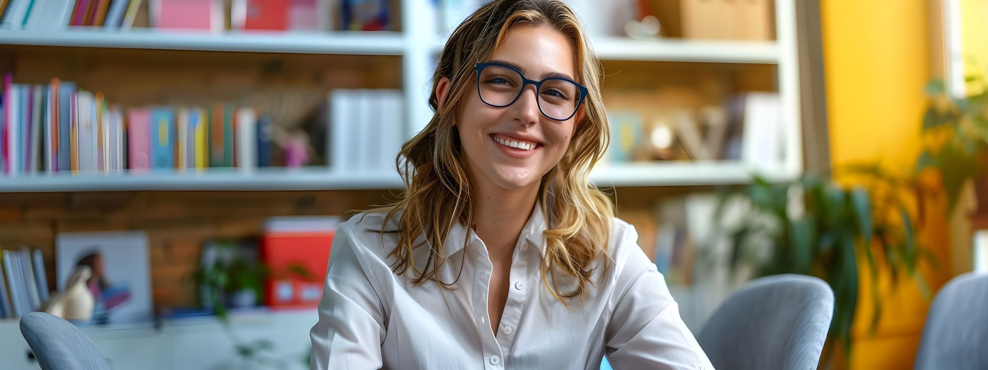 A woman wearing glasses is sitting at a desk in front of a bookshelf.