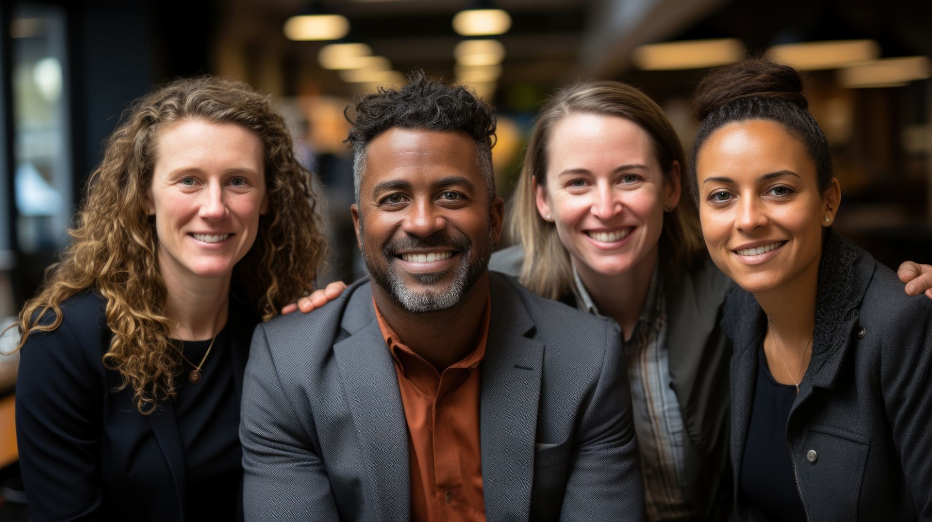 A group of people are posing for a picture together and smiling.