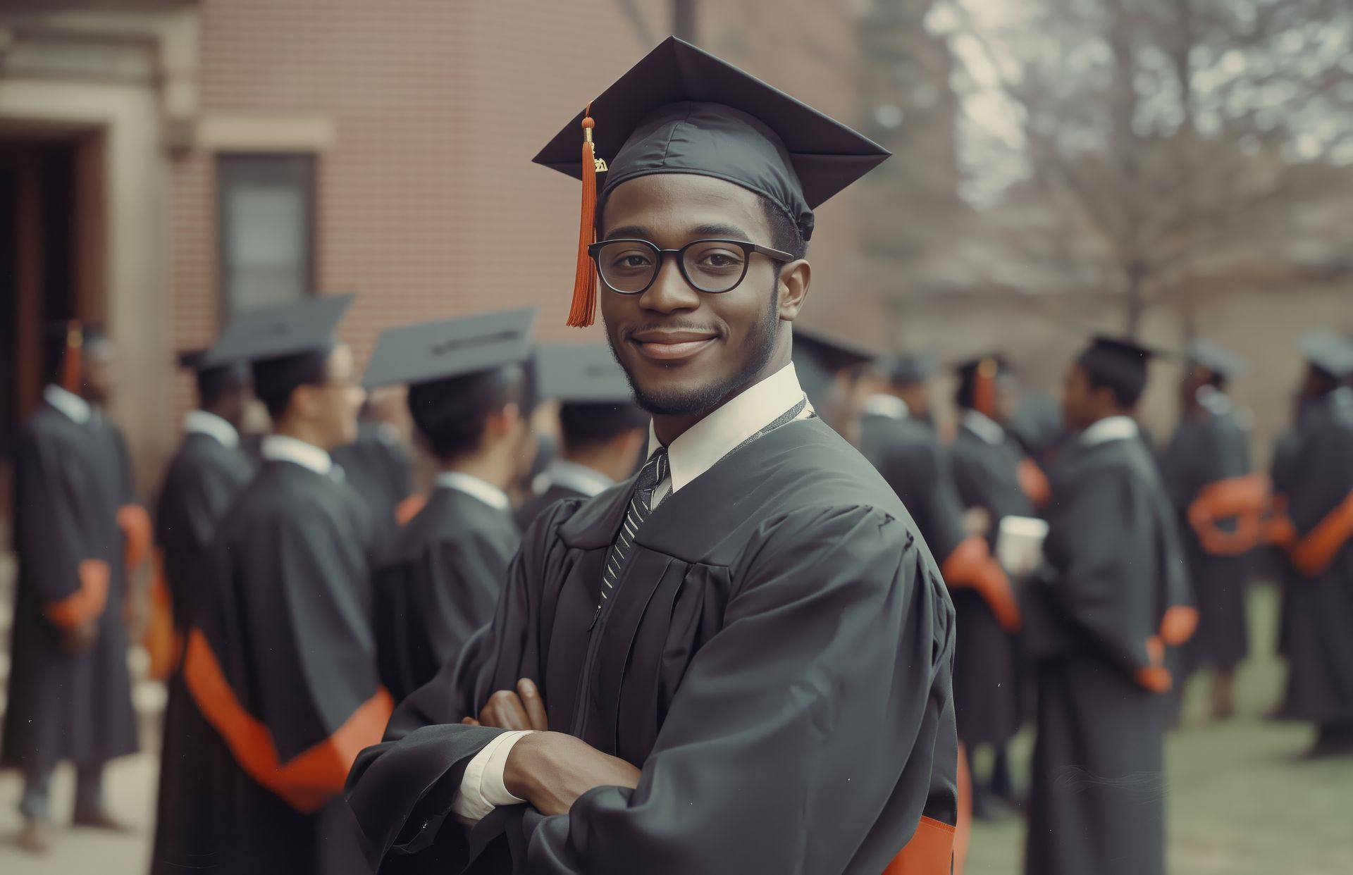 A man in a graduation cap and gown is standing in front of a group of graduates.