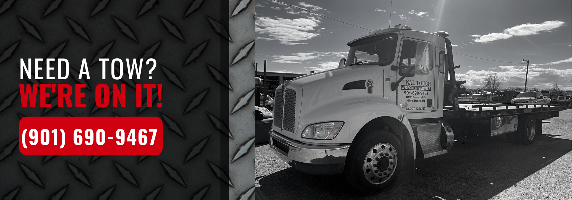 A tow truck advertisement with the text