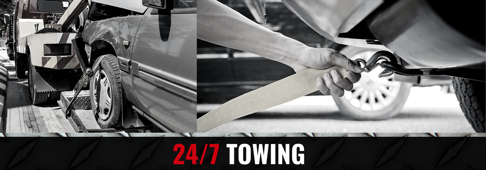 A split-screen showing a car being secured to a tow truck, with the text